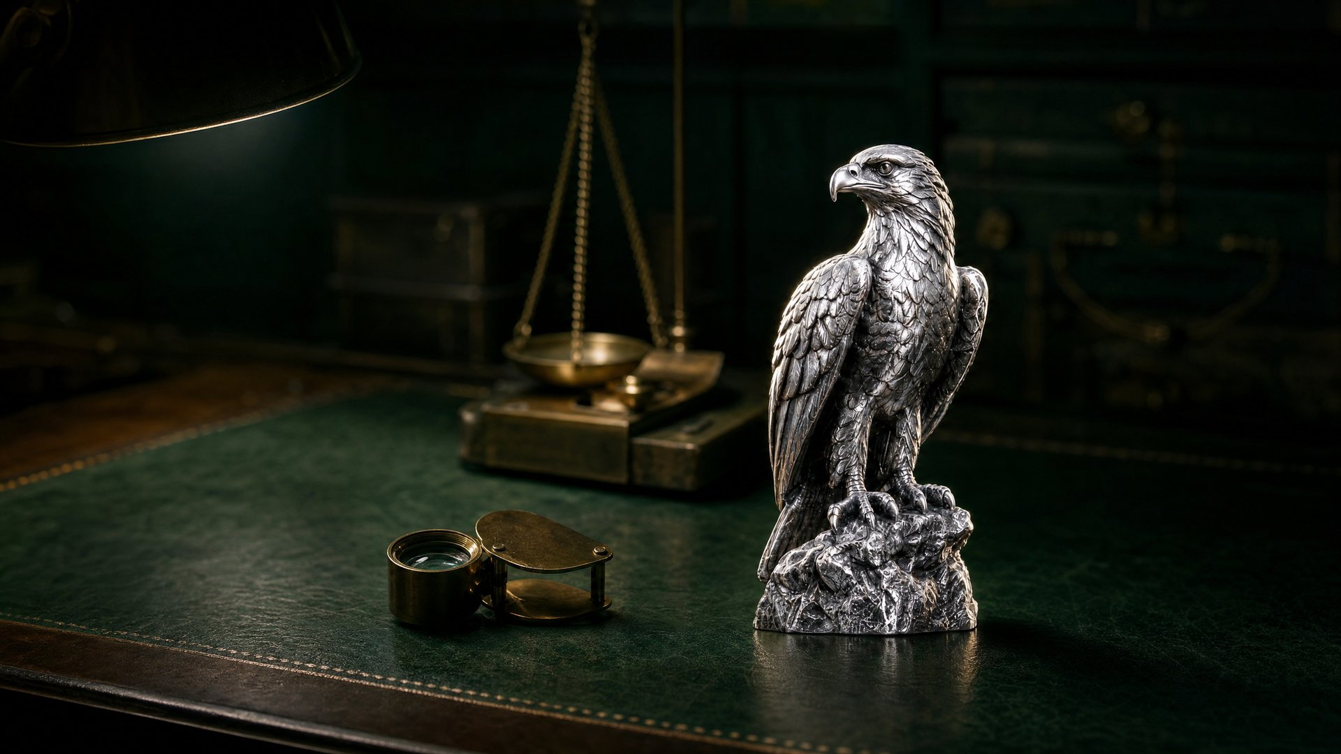A solid .999 fine silver eagle statue on a bottle-green leather assay bench beside a brass jeweller loupe and a precision balance