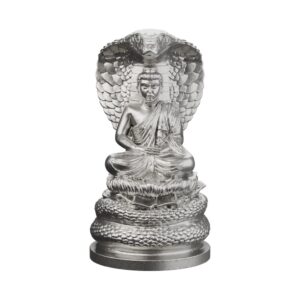 Cobra-Sheltered Buddha Silver Statue — the serpent king's shelter over the meditating Buddha in silver