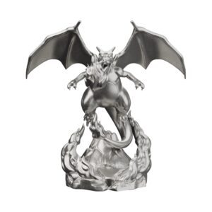 Flame Lizard Dragon Silver Statue &mdash; the winged fire-breathing treasure-guardian archetype
