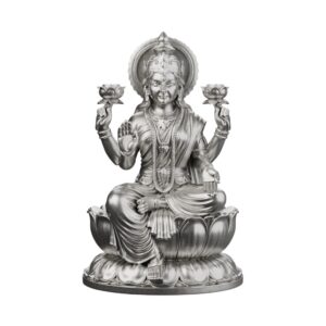 Goddess Lakshmi Silver Statue — the Hindu goddess of wealth on her lotus in silver