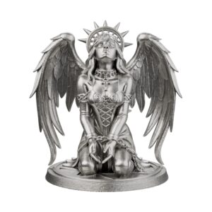 Kneeling Gothic Angel Silver Statue — a bowed guardian of remembrance
