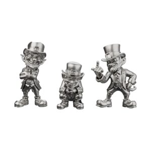 Leprechaun Trio Set Silver Statue — three folklore cobblers guarding the pot of gold