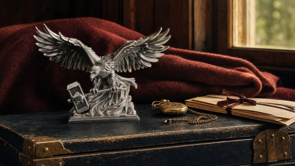 A solid silver eagle-and-hammer statue on an old indigo-painted blanket chest beside a gold pocket watch and envelopes tied with ribbon