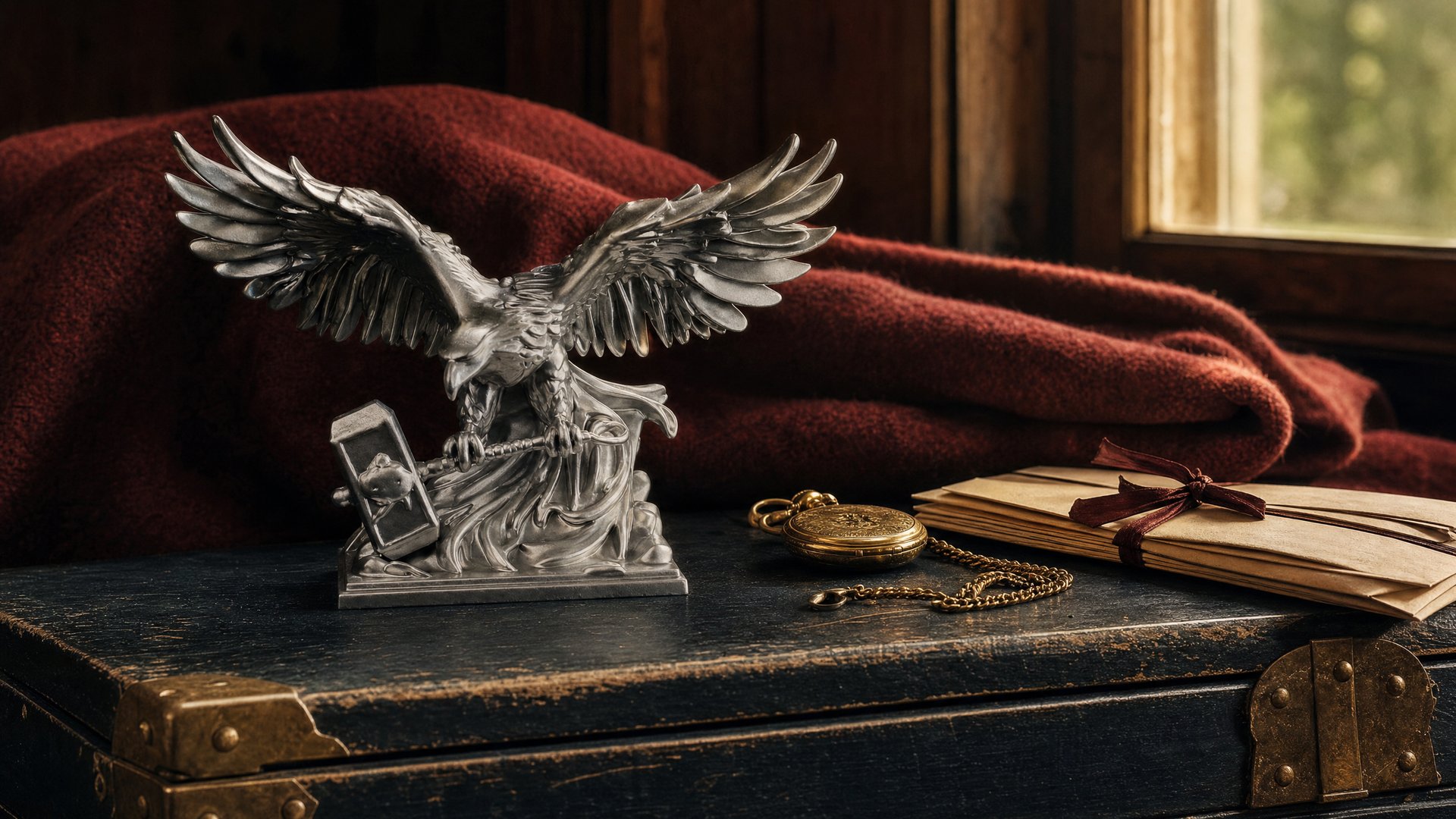 A solid silver eagle-and-hammer statue on an old indigo-painted blanket chest beside a gold pocket watch and envelopes tied with ribbon
