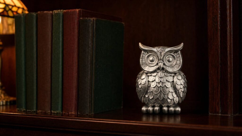 A solid silver perched owl statue at the end of a row of old clothbound books on a dark mahogany shelf at night