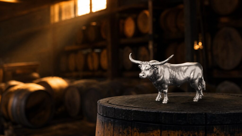 A solid silver Texas Longhorn bull statue in profile on a charred whiskey barrel head in a dim barrel house